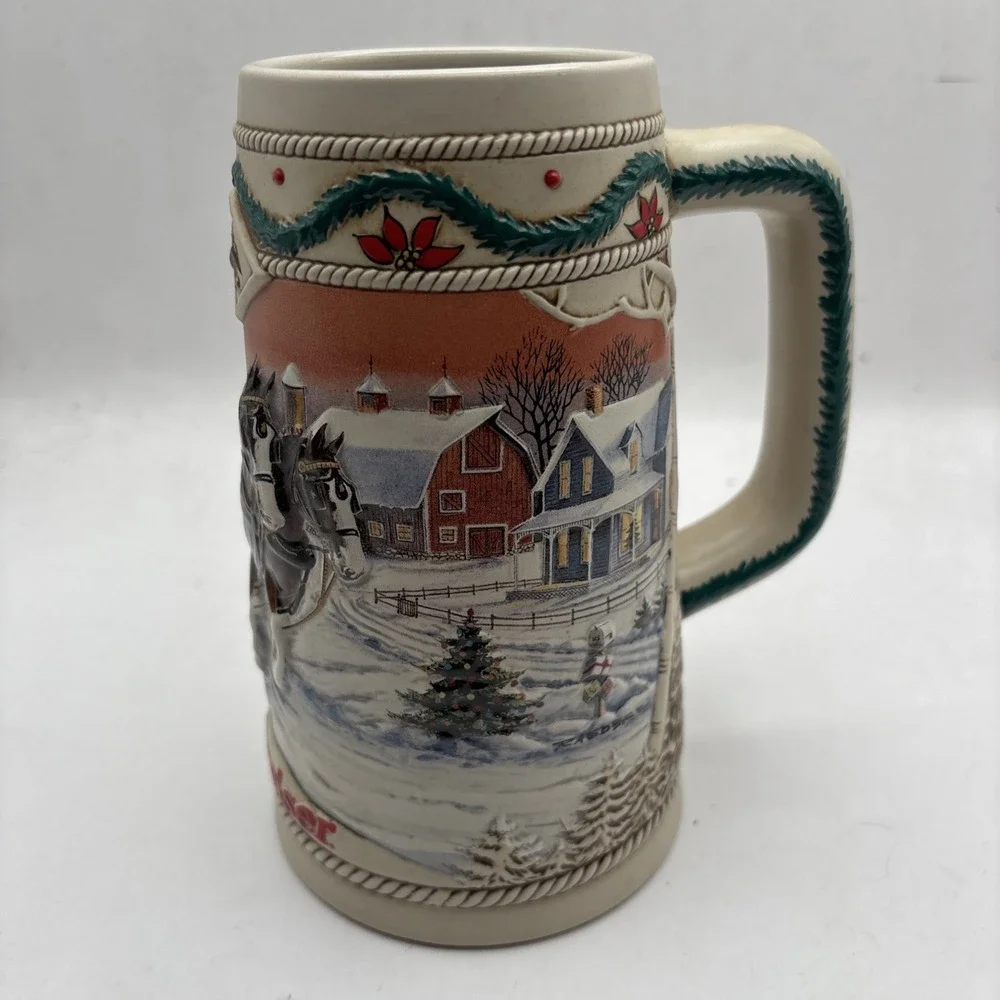 Vintage 1996 Budweiser Holiday Stein Christmas Beer Mug American Homestead